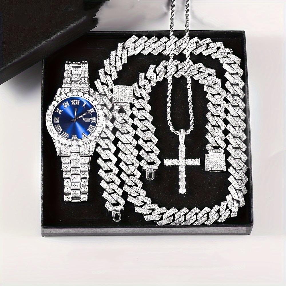 Popular Foreign Trade Item: Men's Luxury Steel Band Quartz Watch with Diamonds, Paired with a Hip-Hop Cuban Bracelet Set