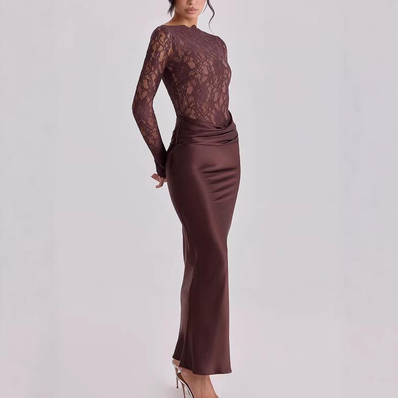 Cross-Border Women's Fashion New European and American Style Slim Fit Hip-Hugging Lace Patchwork Fishtail Dress Sexy Ruched Satin Gown