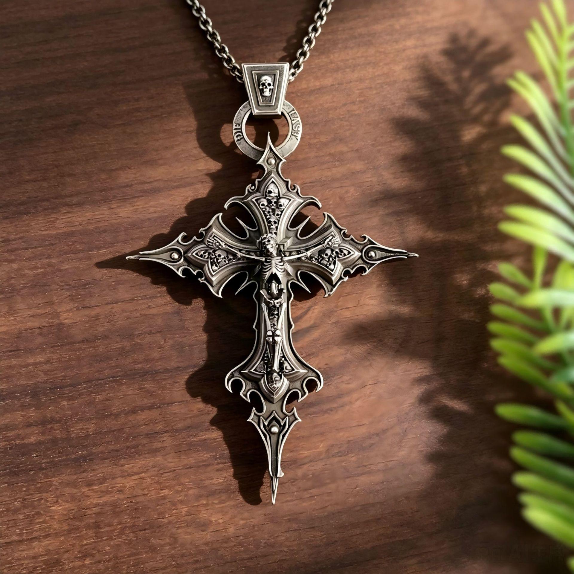 Amazon Cross-Border Personalized Retro Gothic Cross Skull Pendant Necklace European and American Fashion Exaggerated Jewelry