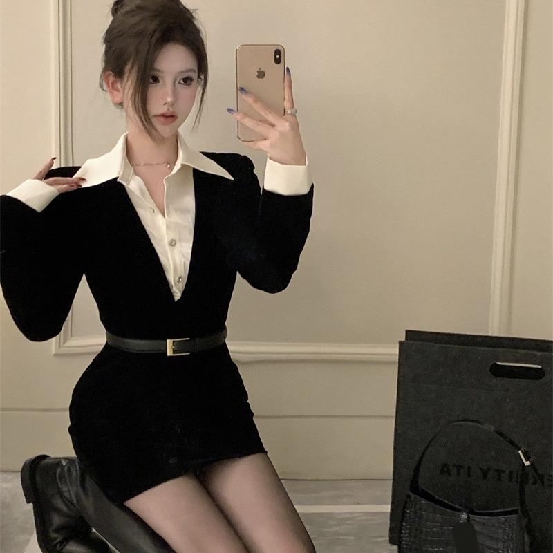 Fake Two-Piece Royal Sister Style Black Waist Slimming Look Autumn and Winter New Pure Lust Style Short Skirt Sexy Hip-Covering Dress for Women