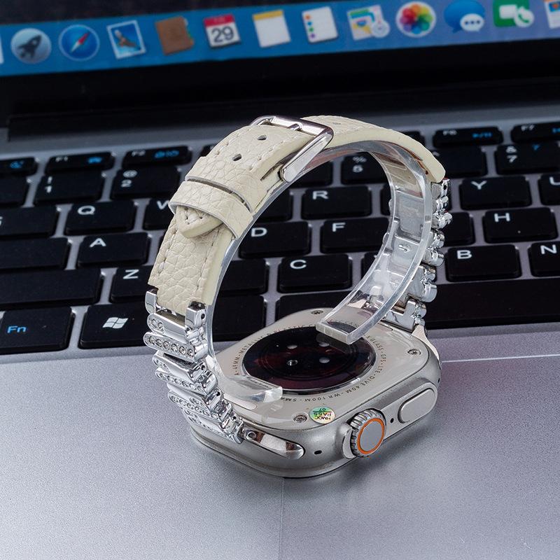 Irregular diamond-studded lychee-pattern leather Apple watch strap suitable for Apple Watch S11 and iWatch 10