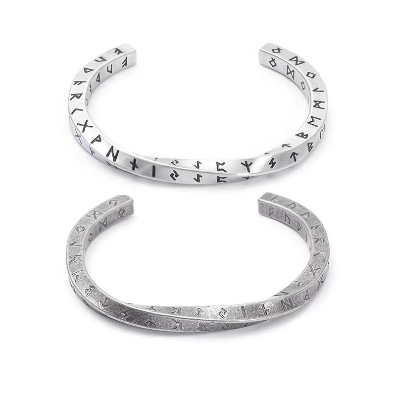 E-Commerce Supply Personalized Retro Titanium Steel Twisted Engraved Four-Sided Viking Text Bracelet Open Bangle Wholesale in Stock