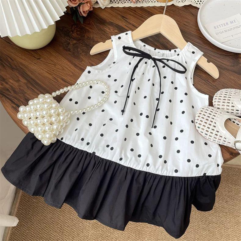 2025 Summer Baby Baby Polka Dot Bow Splicing Dress Girls Sleeveless Tank Top Children's Skirt Women