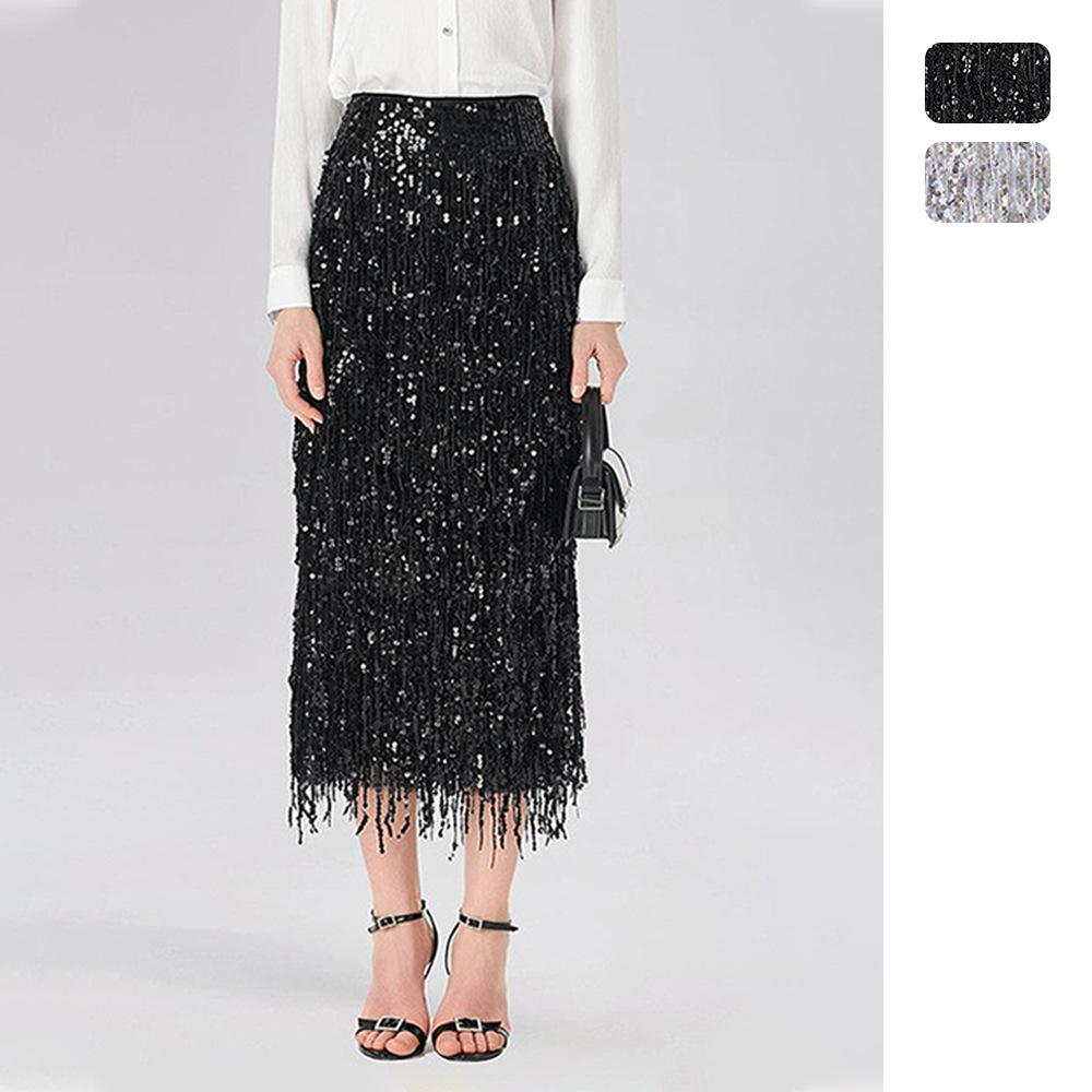 Independent Site Amazon Tassel Sequin Skirt European and American Women's Fashion Solid Color Long Skirt with Slit Fashionable Pencil Skirt 8220