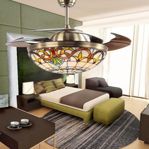 Tiffany invisible ceiling fan lamp living room dining room fan chandelier Mediterranean wood leaf bedroom fan lamp vintage ceiling fan