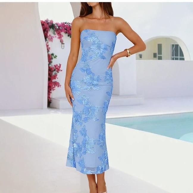 European and American Cross-Border 3D Embroidered Strapless Gown Floral Banquet Bodycon Long Dress New Model on Amazon Independent Site