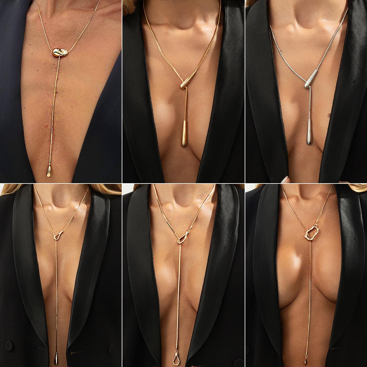 European and American Cross-Border Design Irregular Cut Out Pendant Long Necklace Fashionable Commuter Thin Snake Bone Chain Sweater Necklace