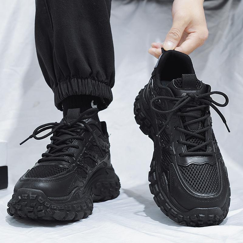 Men's Winter Breathable and Wear-Resistant Work Shoes with Non-Slip Tire Soles, Black Sports Height-Increasing Dad Sneakers