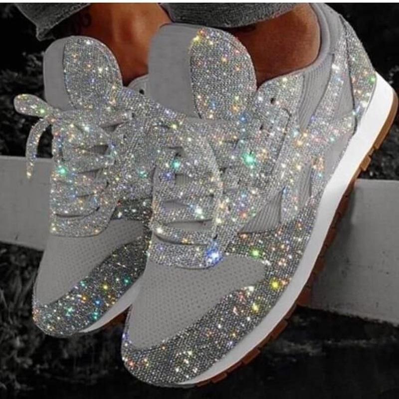 Cross-Border New Large Size Women's Shoes, Sports Casual Lace-Up Sequined Shiny Flat-Soled Wear-Resistant Sneakers in Stock