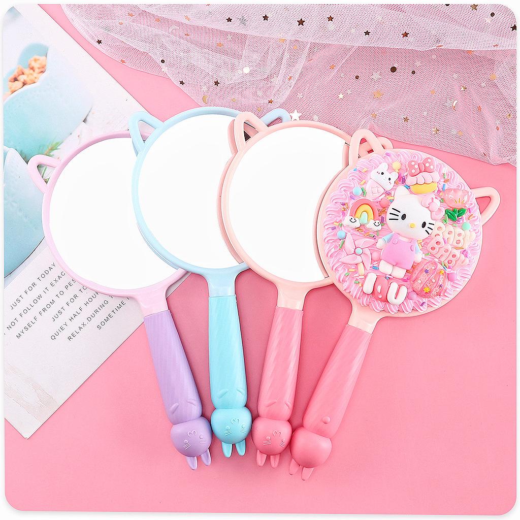 Rabbit cute mirror cat ears handle mirror HD makeup mirror bedroom desktop handheld cream glue diy material