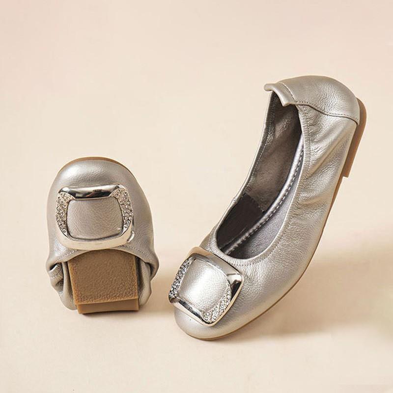 First-Layer Cowhide French-Style Flat Shallow-Mouth Women's Fashion Shoes, Summer Ballet Loafers, Soft-Soled Genuine Leather Women's Shoes for Moms