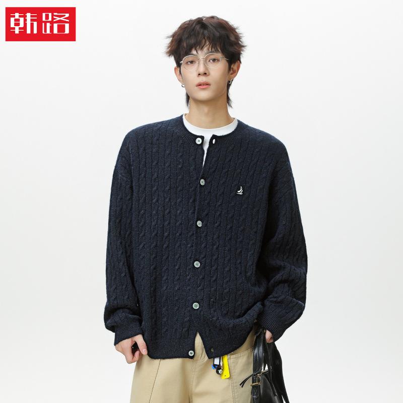 Crew Neck Cable Knit Cardigan Sweater for Men, Autumn and Winter New Style, Loose and Soft Texture Knitwear, Trendy Brand Sweater Jacket