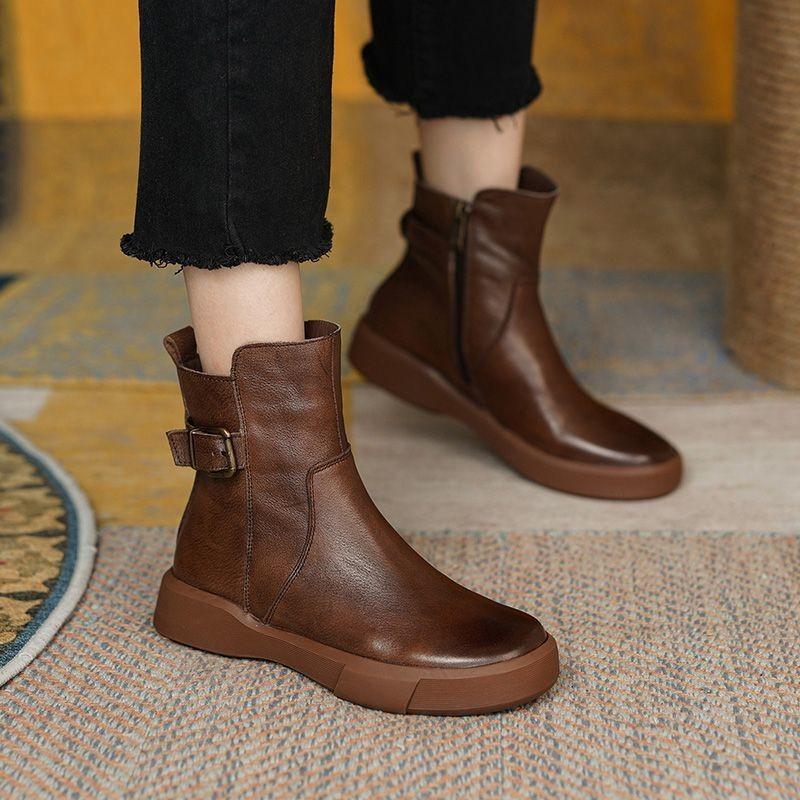 Amazon plus size Women's Boots Autumn and Winter New Buckle Women's Short Boots Round Toe Flat Casual Martins Women's Retro Single Boots