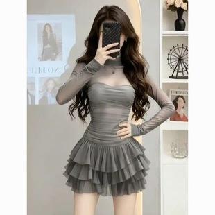 Light Luxury Style Mesh Patchwork Long-Sleeved High-Neck Cake Dress for Women, High-End French-Style Banquet Dress