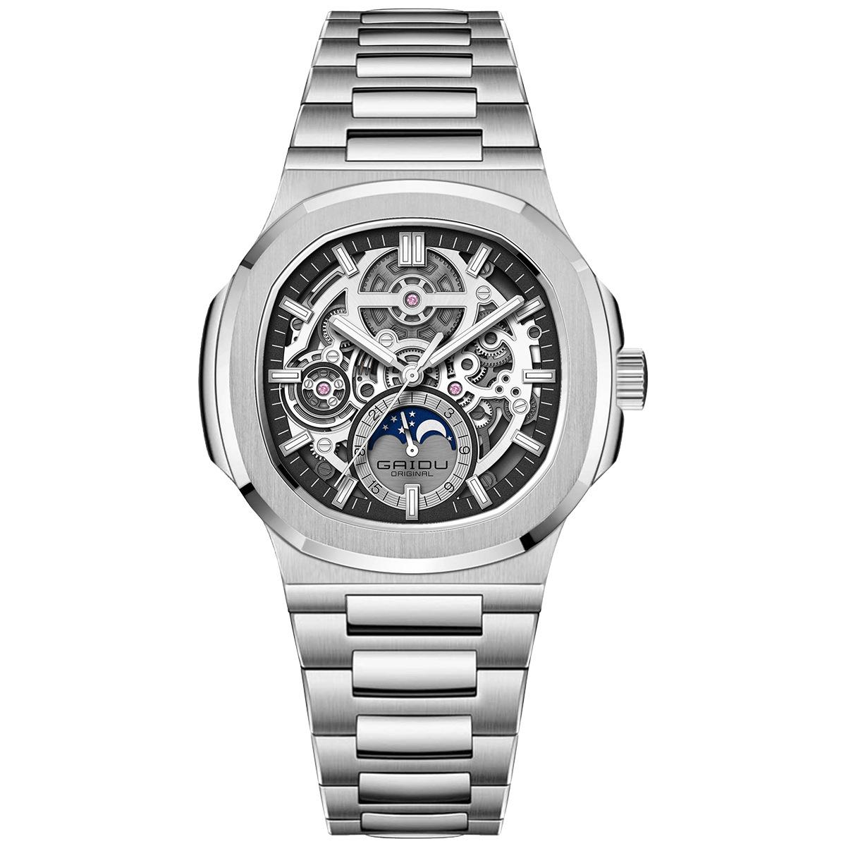 Kaidu men's business hollow quartz watch fully automatic stainless steel waterproof wristwatch luminous moon phase elegant genuine watch