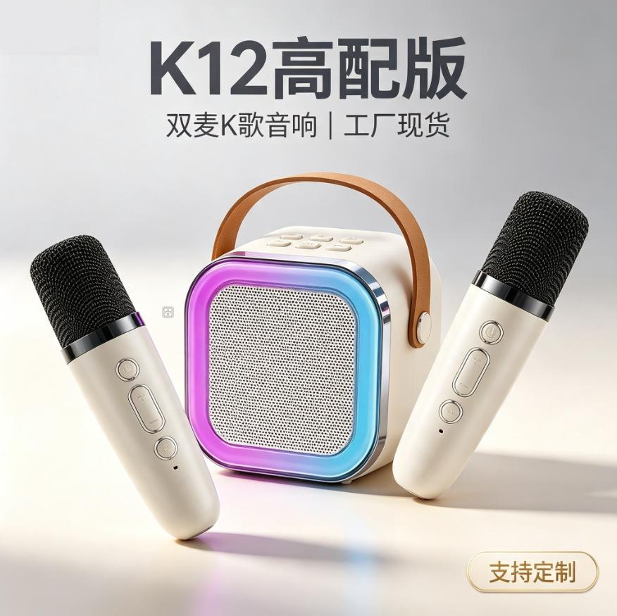K12 High-End Portable Karaoke Bluetooth Speaker with Dual Microphones and RGB Colorful Lights for Home KTV