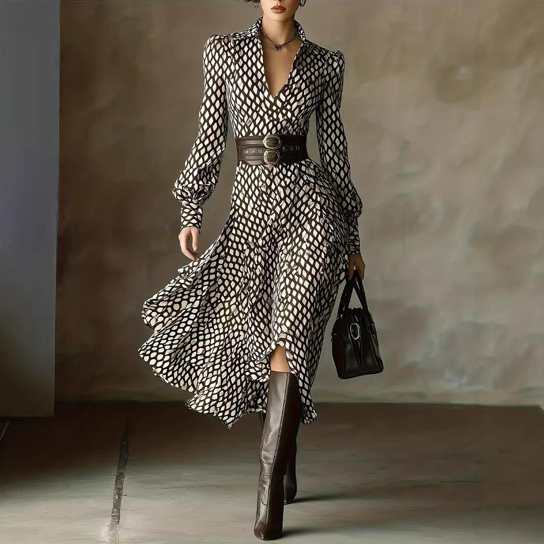 European and American Cross-Border Export 2025 Autumn and Winter Popular V Neck Printed Long-Sleeved Lace-Up Dress Waist Women's Clothing Amazon