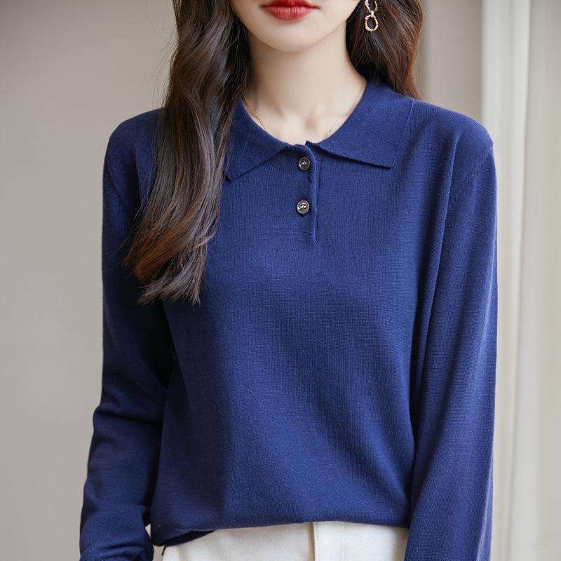 2024 New Autumn and Winter Polo Collar Pure Cotton Knitted Pullover Long-Sleeved Versatile Loose Pure Color Bottoming Commuter Sweater for Women
