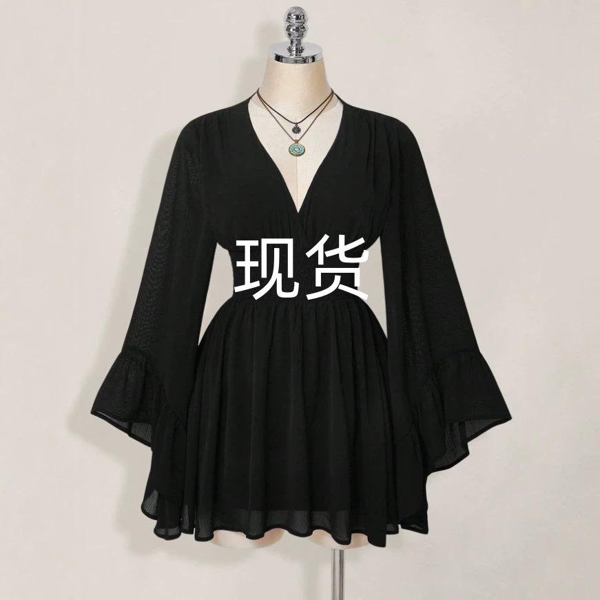 2026 European and American New Style V-Waist Dress with Flared Sleeves, Short Fashion Mesh Sexy Long-Sleeve Solid Color Dress