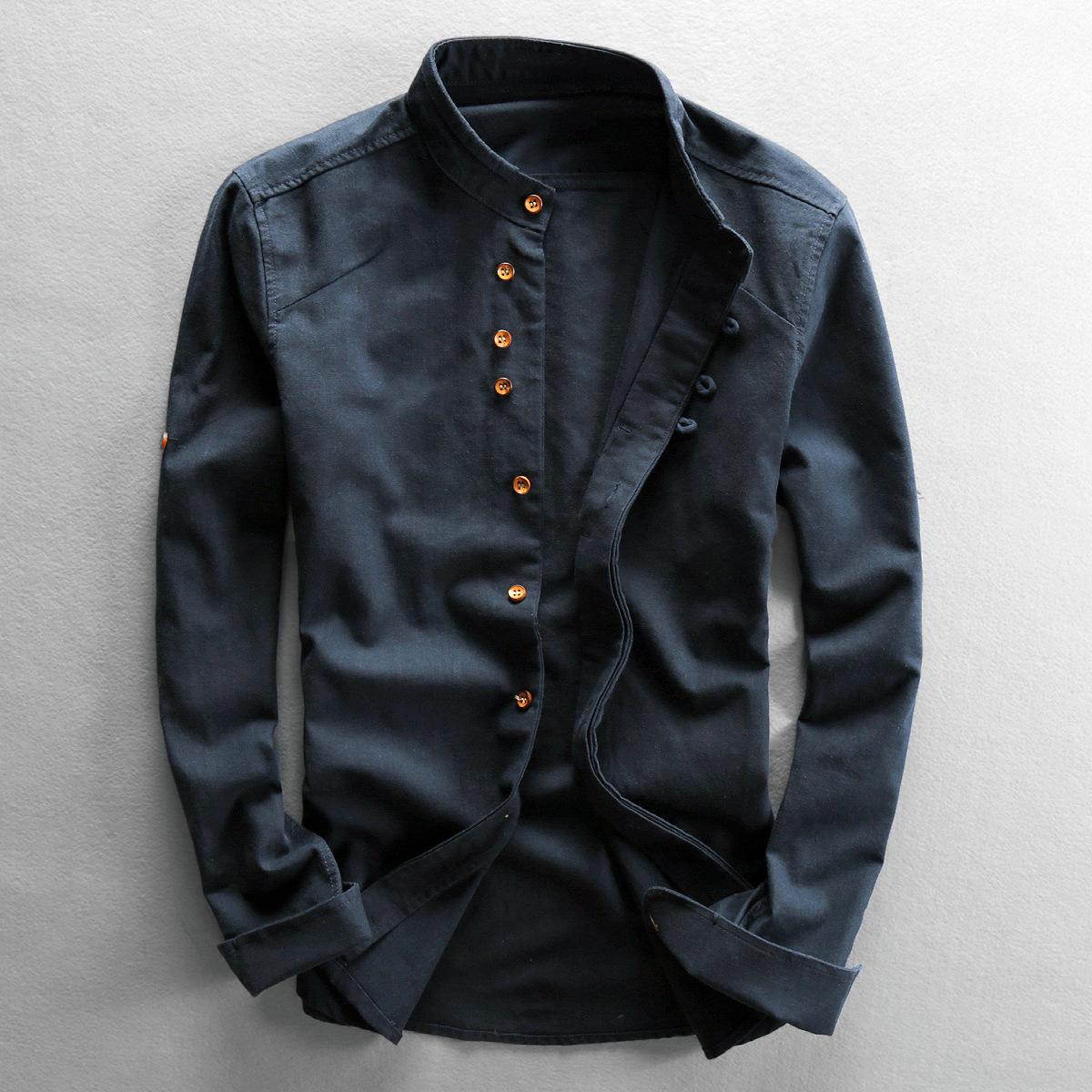 2025 New Autumn and Winter Clothing Men's Casual Linen Shirt Chinese Style Stand Collar Independent Wish Cotton and Linen Shirt