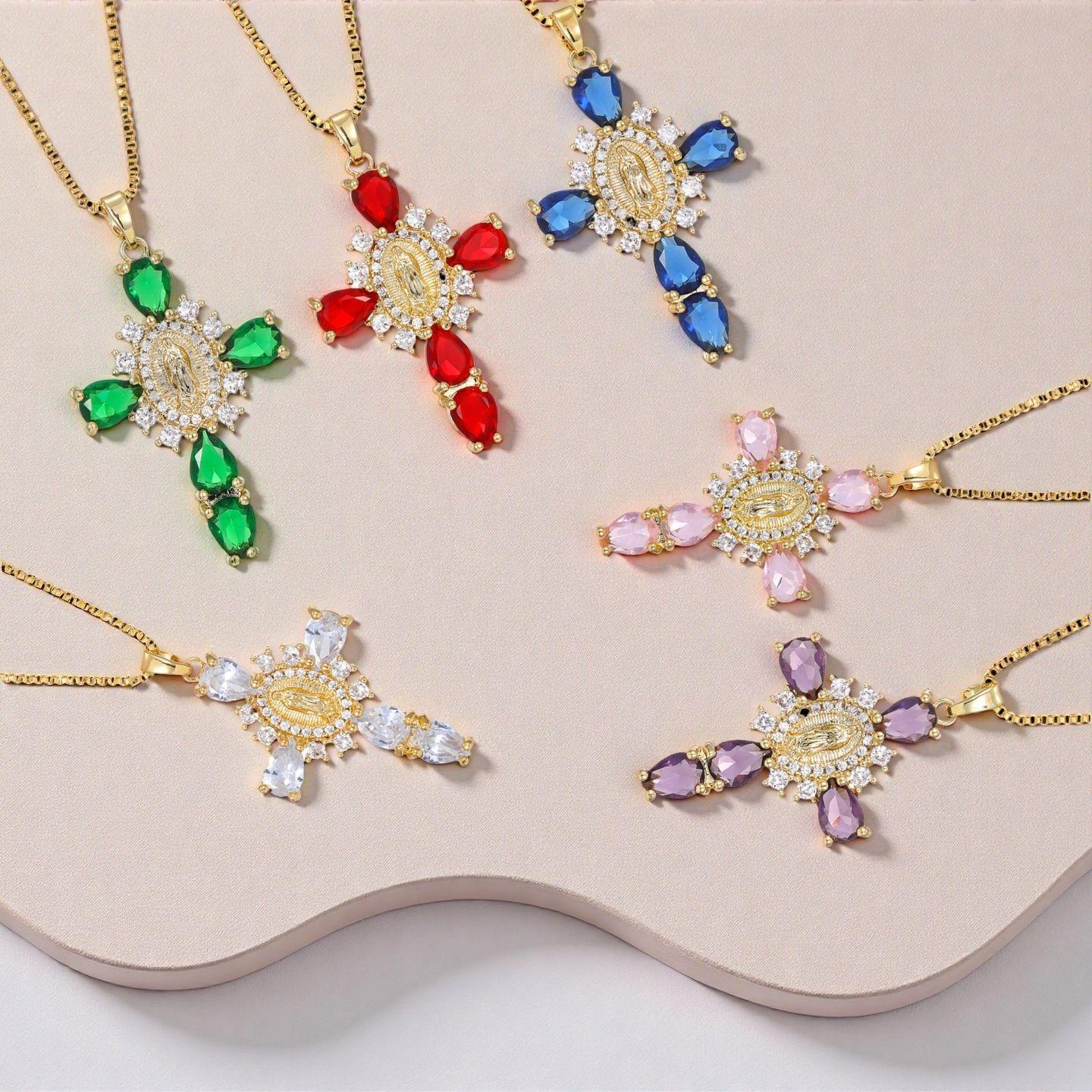 Cross-Border Wholesale Supply Hot-Selling Personalized Accessories Luxury Ins Fashion Colorful Cross Zircon Pendant Necklace