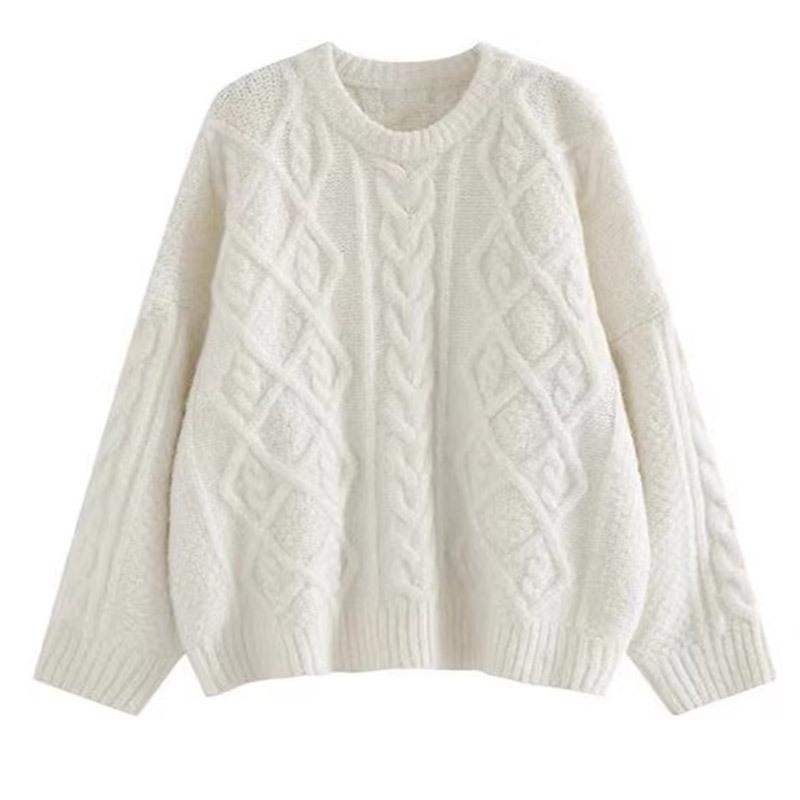Twist Sweater Women's Autumn and Winter Soft Glutinous All-match Creamy White Crew Neck Loose Pullover Lazy Style Outer Wear Knitted Sweater