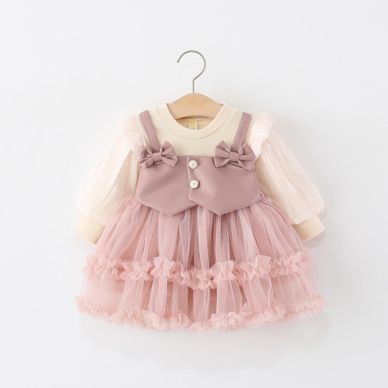 Children's Clothing Girls' Dresses Spring and Autum Baby Girls Pu Leather Fake Two-Piece Fluffy Gauze Princess Skirt Fashionable