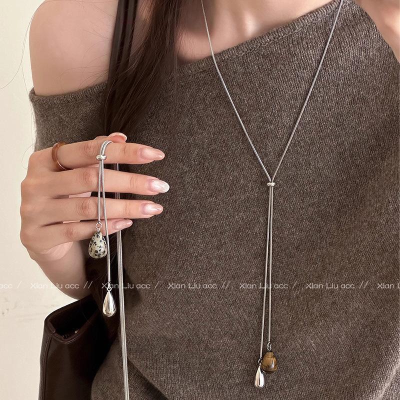 Tiger Eye Stone Water Drop Pull-Out Necklace for Women, 2026 New Hot-Selling, Light Luxury, Unique Design, Long Sweater Chain Accessory