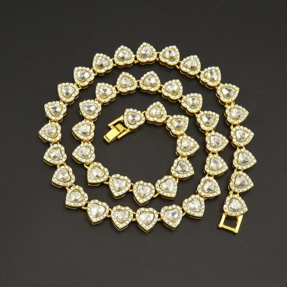 10mm Fashionable Cross-Border Ins-Style Heart-Shaped Chain Necklace, Heart-Shaped Diamond-Studded Cuban Chain, Broken Bone Chain Accessory