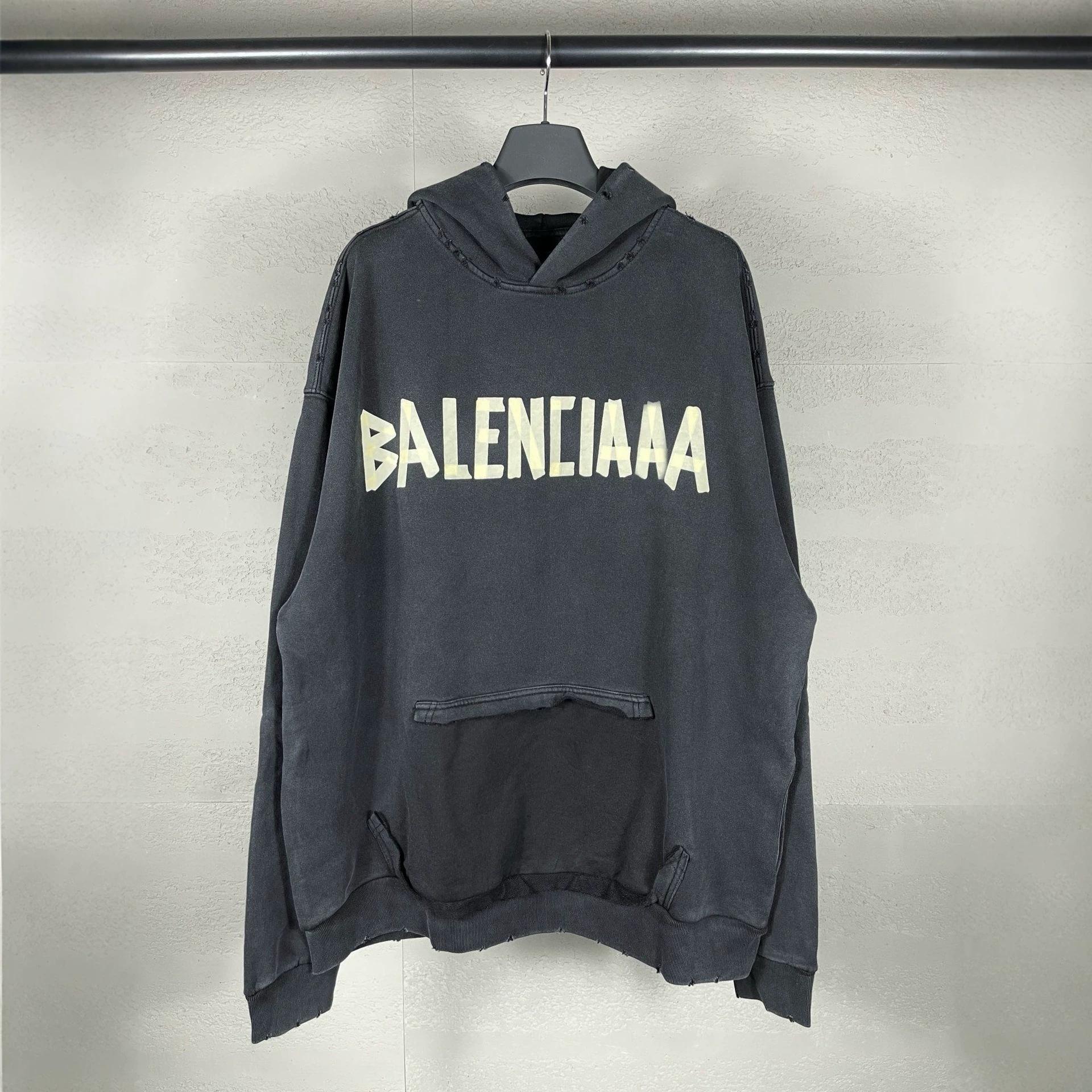 Authentic Version of Trendy Brand 2024 New Classic Style Tape-Printed Washed Long-Sleeve Hooded Sweatshirt