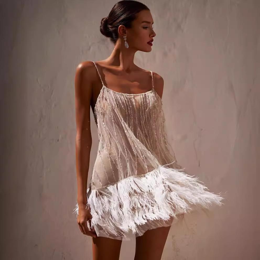 New Cross-Border European and American Style Party Dress, Sexy Backless Short Dress with Layered Tassels, Mesh, Feathers, and Sequins