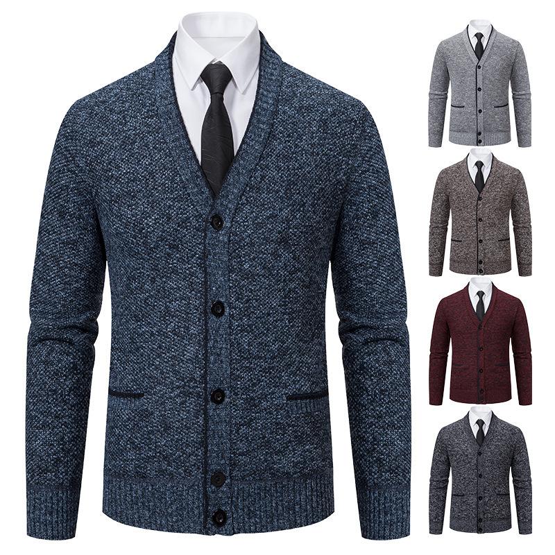 Cross-Border Men's Winter New Knitwear Fleece-Lined Thickeneded Long-Sleeved Fashion V Neck Cardigan Jacket Wholesale for Men