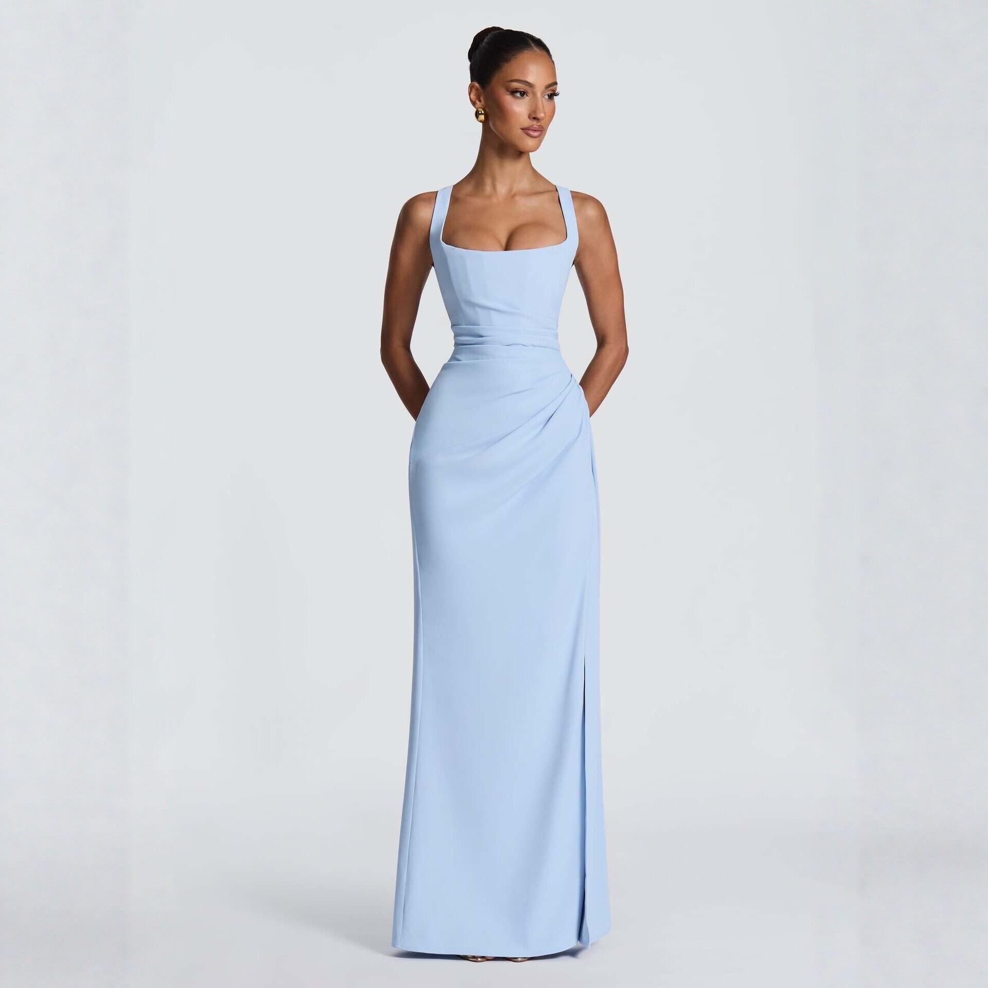 New foreign trade European and American women's dress, elegant solid color square neck, side pleated, high slit, tie strap, slim-fit formal dress