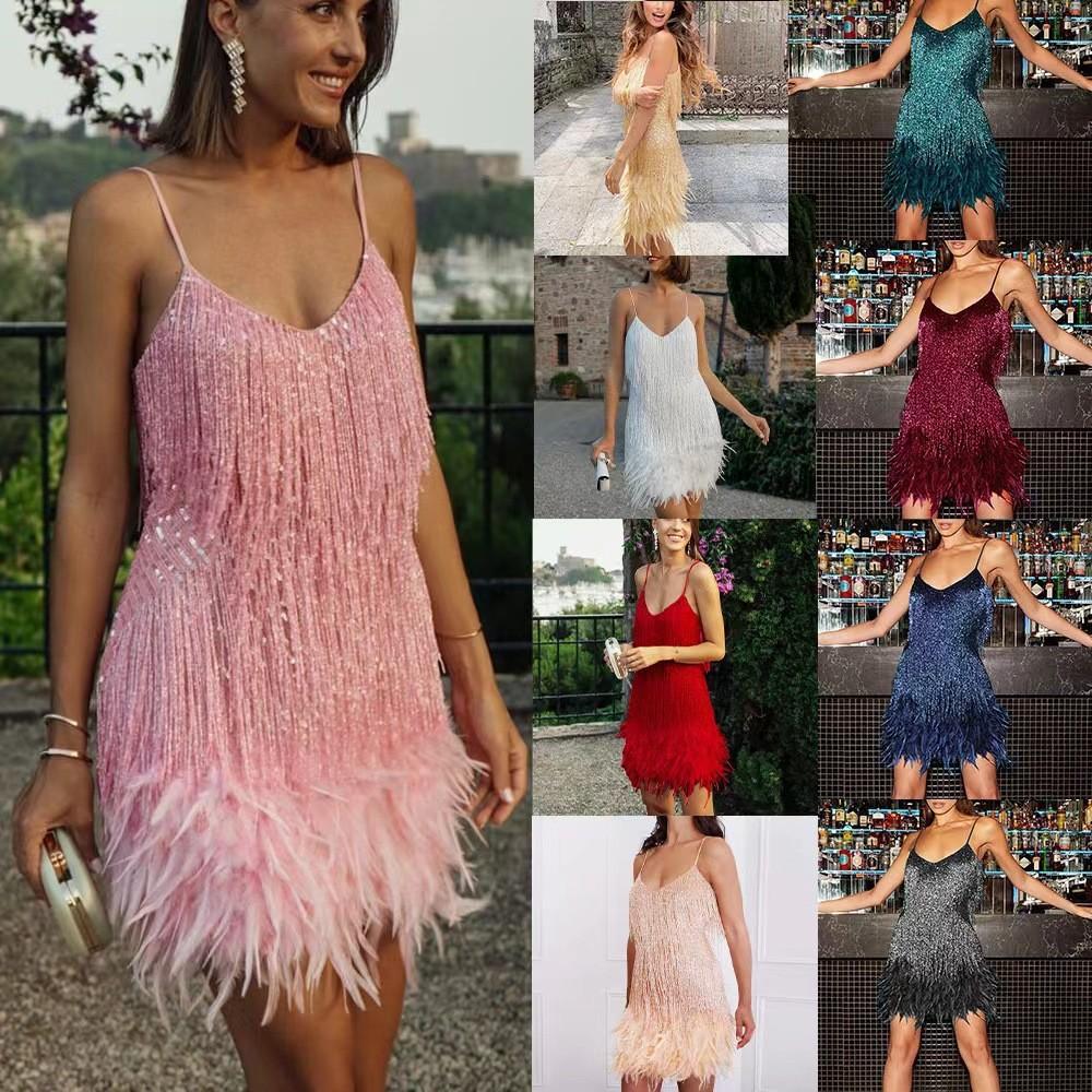 2027 Summer New Fashion Tassel Sequin Feather Patchwork Dress Amazon Hot-Selling in Stock for Women