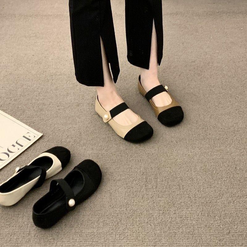 Tweed Style Square Toe Shoes Evening Flat Pearl Elastic Band Color Matching Mary Jane Fashion Women's Shoes Spring & Fall High-End