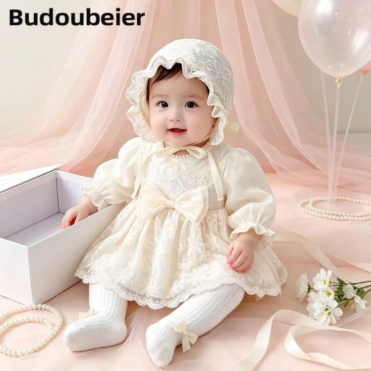 Autumn new collection: baby lace dress with bow, princess dress for baby girls, suitable for full moon celebrations and first birthday parties, infant dress