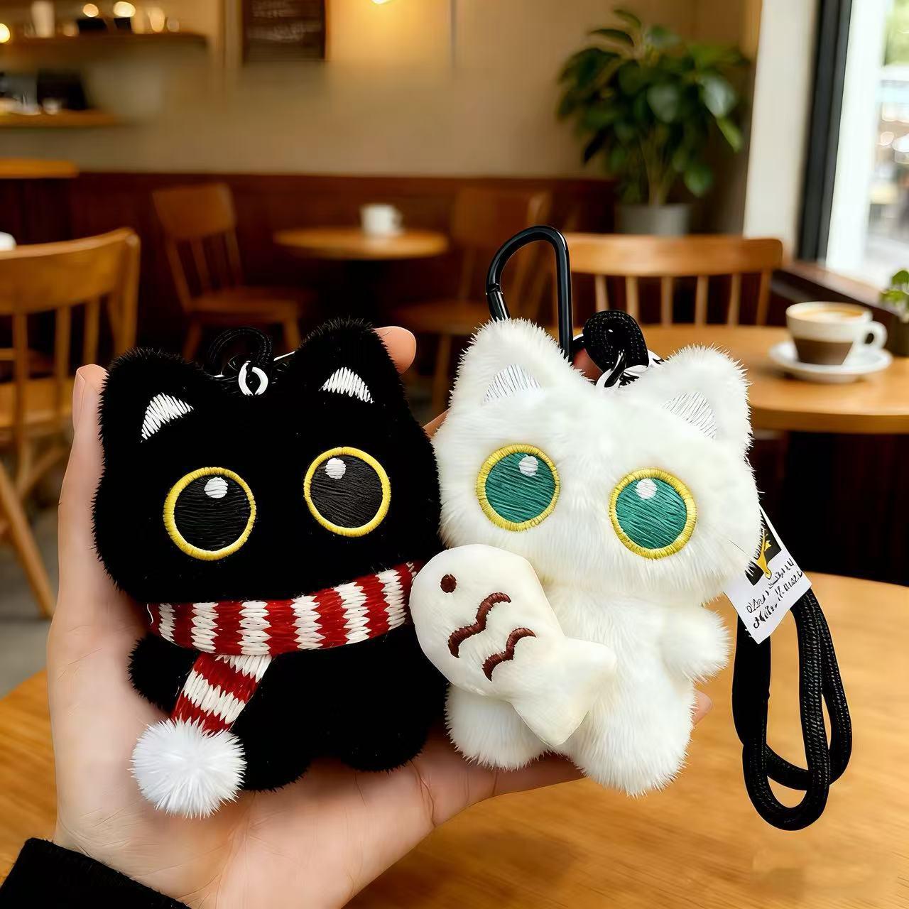 Cute and Adorable Big-Eyed Black Cat Plush Toy Holding a Small Fish, Creative Couple Keychain Pendant Featuring Luo Xiaohei Cat