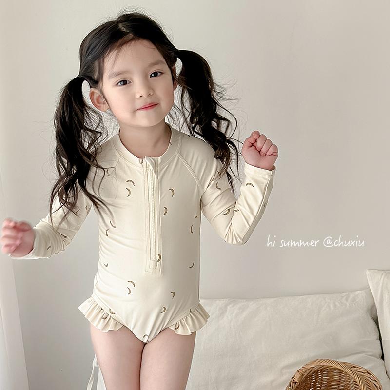 Ins Children's Swimwear Girls' Baby's Long-Sleeved Sunscreen Quick-Drying Swimwear Western Style Little Girl's Cute Swimwear