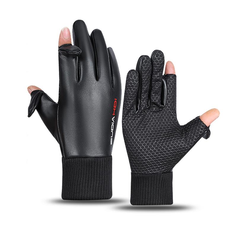 Winter Leather Warm Gloves with Fleece Lining, Thickened, Non-Slip, Fingerless, Windproof, Water-Resistant, Touchscreen-Compatible, Flip-Top Gloves for Men