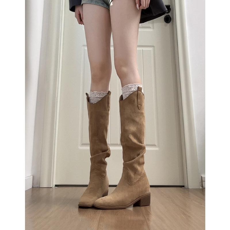 Fashionable version~ Petite women's suede pleated stacked boots 2026 autumn and winter new vintage chunky heel long riding boots