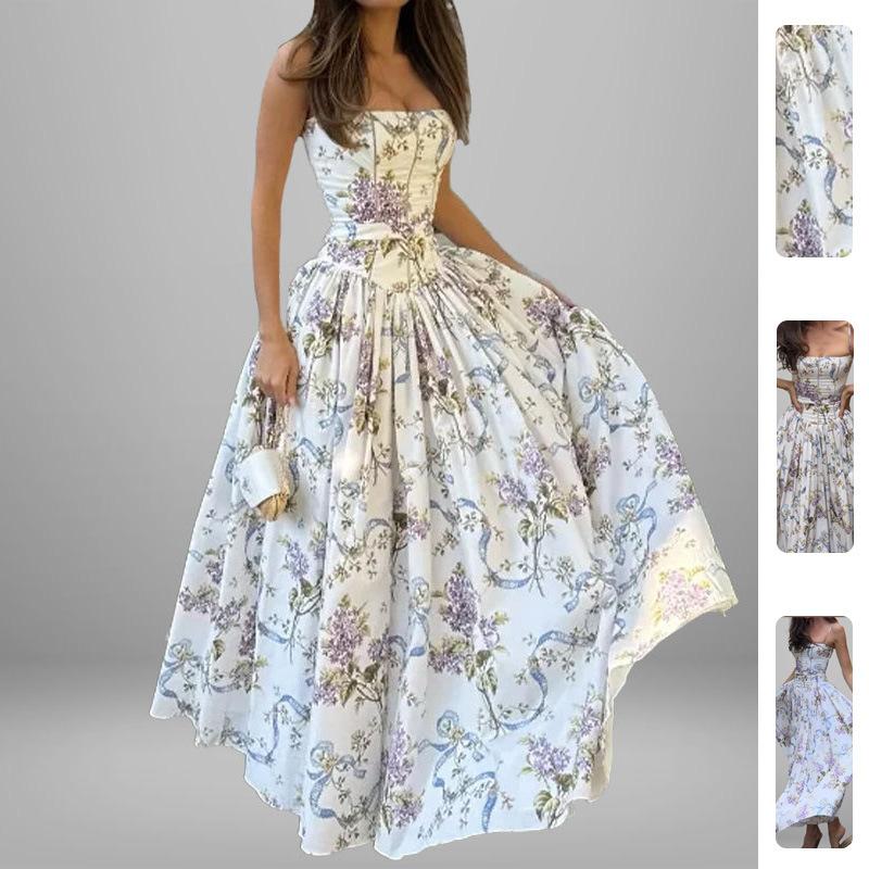 2026 New Summer Women's Clothing, Cross-Border European and American Style Dresses, Elegant Printed Large-Sleeved Strap Dresses