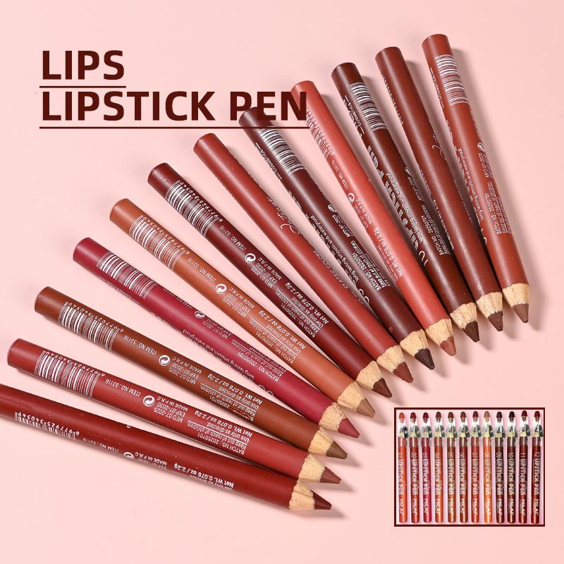 Foreign Trade Xinjiang Lip Liner 12 Colors Long-Lasting High Color Saturation Lip Shaping Lip Liner with Built-In Sharpener