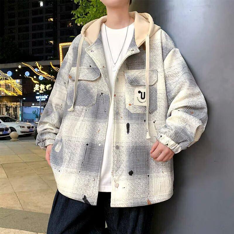 Spring and Autumn 2025 New Plaid Jacket Men's Loose Hooded Casual Tops Youth Student Trendy Top
