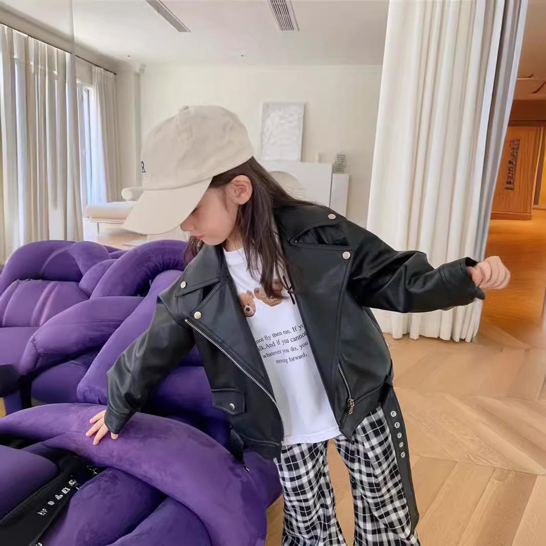 Girls' Leather 2024 Autumn New Children's Western Style Korean Baby's Biker Coat Spring and Autumn Jacket Top