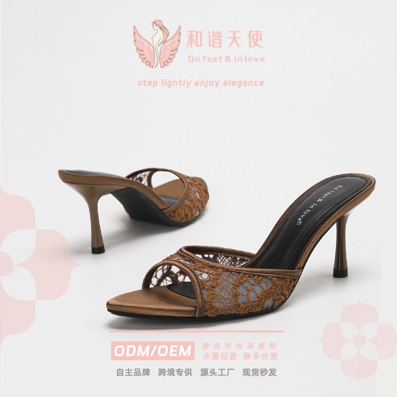 Cross-Border Elegant Versatile High-Heeled Sandals Summer Fashion Embroidered Floral Mesh Stiletto Open-Toe Sandals Custom Logo