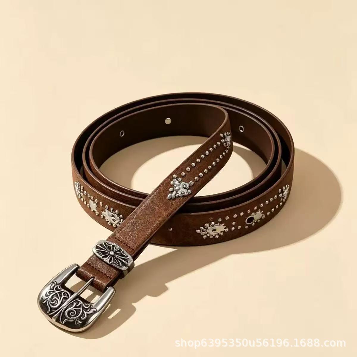 Vintage punk-style studded belt with a distressed finish, suitable for pairing with jeans, women's western cowboy style, versatile and slimming leather belt