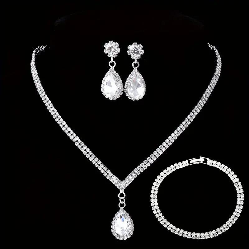 New Cross-Border Bridal Zircon Water Drop Necklace Set Decoration Accessories Bridal Necklace Earrings Bracelet Three-Piece Jewelry Set