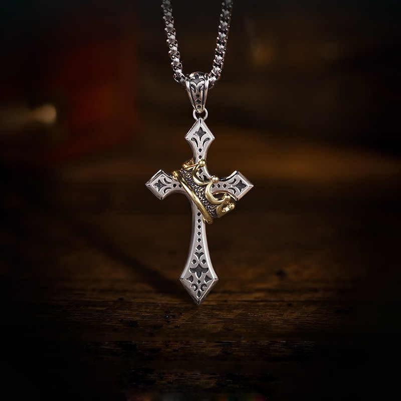 Gold Crown Cross Necklace Men's Trendy Personality Retro Thai Silver Hip-Hop Niche Boys Pendant Hanging Accessories