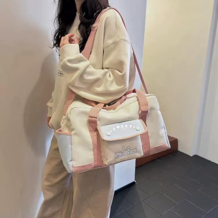 Cartoon Embroidered Large-Capacity Travel Bag with Multiple Pockets and Layered Design, Suitable for Students' Short Trips, Can Be Used as a Crossbody or Hand-Held Luggage Bag