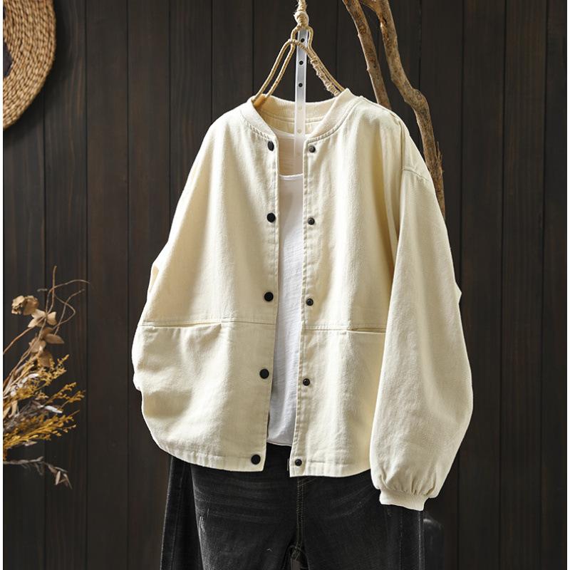 Workwear Baseball Jacket Women's Short Loose Slimming Spring and Autumn Large Size Cotton Stand Collar Double Pocket Outer Jacket